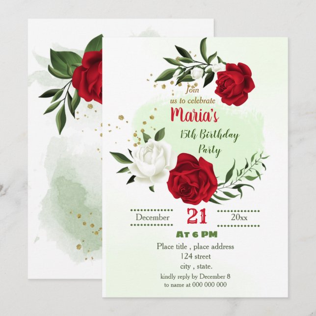 Invitation fête d'anniversaire d'un vert floral rouge (Devant / Derrière)