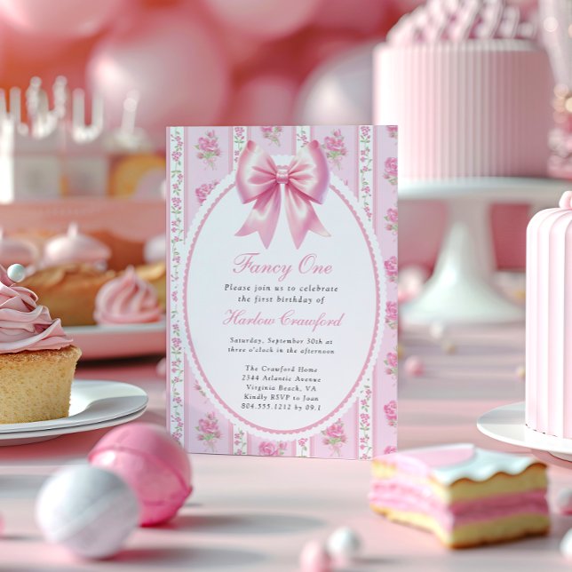 Invitation Fête d'anniversaire d'une coquette rose (Fancy One Girls First Birthday Party Invitation )