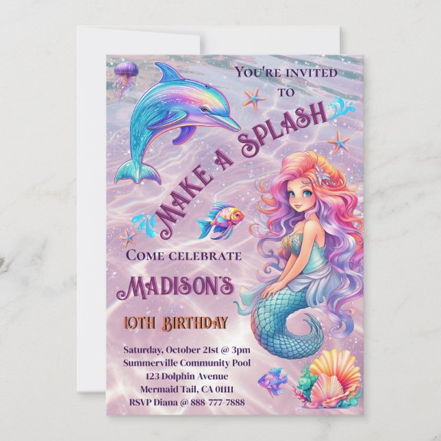 Invitation Fête D'Anniversaire D'Une Sirène De Splash (Devant)