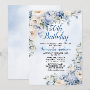 Invitation Fête d'anniversaire Dusty Blue Watercolor Fleurs d