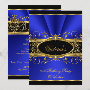 Invitation Fête d'anniversaire Élégant Bleu Royal Or Noir