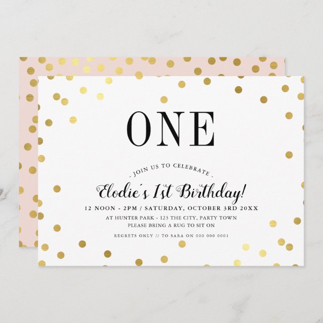 Invitation FÊTE D'ANNIVERSAIRE élégant confetti or rose fille (Devant / Derrière)