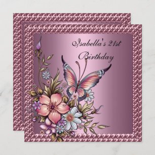 Invitation Fête d'anniversaire Elégant papillon floral rose
