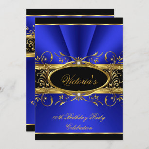 Invitation Fête d'anniversaire Elégant Royal Blue Gold Noir