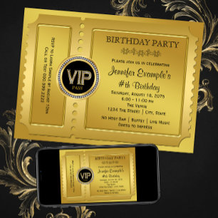 Invitation Fête d'anniversaire élégant VIP billet d'or