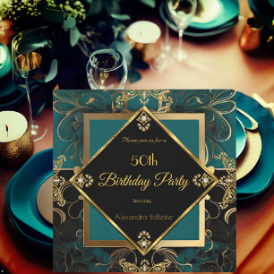 Invitation Fête d'anniversaire élégante 50 ans Jade Or Noir 