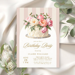Invitation Fête d'anniversaire élégante avec gâteau floral ro