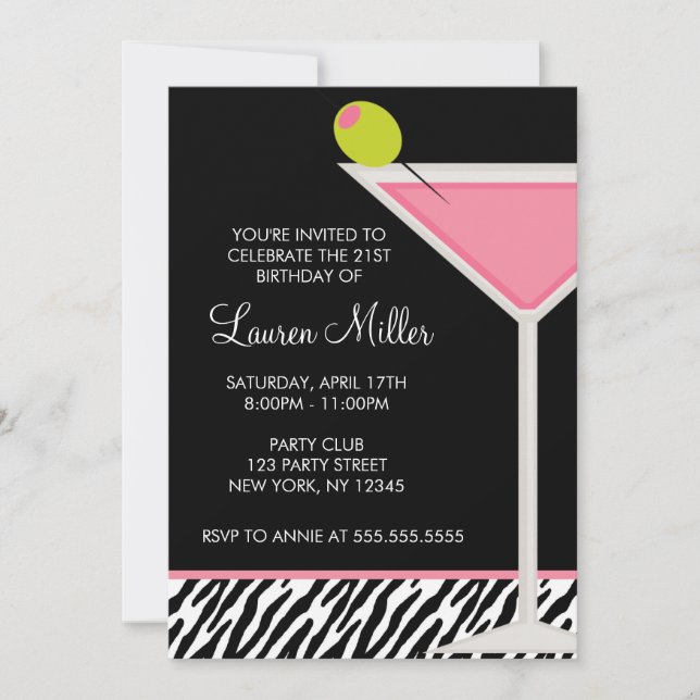 Invitation Fête d'anniversaire élégante avec verre à Martini  (Devant)