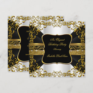 Invitation Fête d'anniversaire élégante blanche or noir ornée