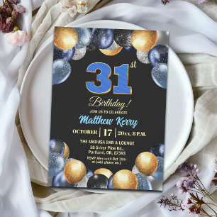 Invitation Fête d'anniversaire élégante Bleu Argent Or 31 ans