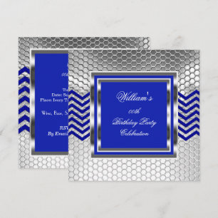 Invitation Fête d'anniversaire élégante bleu chevron argent p