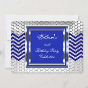 Invitation Fête d'anniversaire élégante bleu chevron argent p