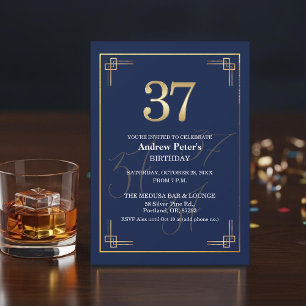Invitation Fête d'anniversaire élégante bleu or 37 ans