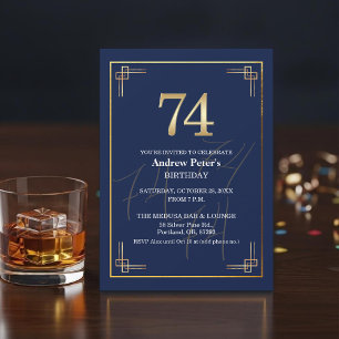 Invitation Fête d'anniversaire élégante Bleu Or 74 ans