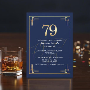Invitation Fête d'anniversaire élégante bleu or 79 ans