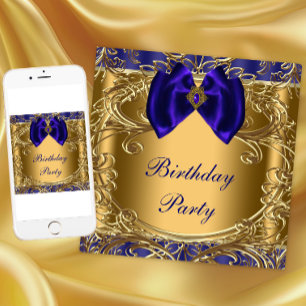 Invitation Fête d'anniversaire élégante bleu royal et or