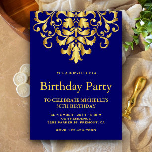 Invitation Fête d'anniversaire élégante bleu royal et or dama