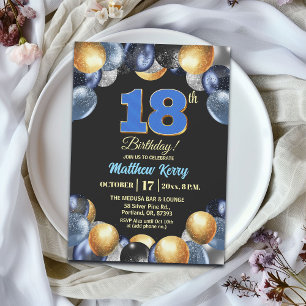 Invitation Fête d'anniversaire élégante bleue argent or 18 an