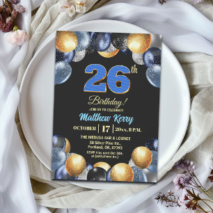 Invitation Fête d'anniversaire élégante bleue argent or 26 an