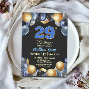 Invitation Fête d'anniversaire élégante bleue argent or 29 an