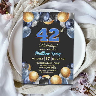 Invitation Fête d'anniversaire élégante bleue argent or 42 an