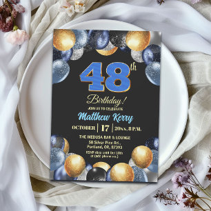 Invitation Fête d'anniversaire élégante bleue argent or 48 an
