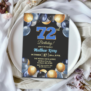 Invitation Fête d'anniversaire élégante bleue argent or 72 an