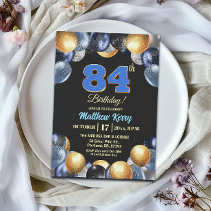 Invitation Fête d'anniversaire élégante bleue argent or 84 an