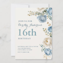Fête d'anniversaire élégante bleue florale 16 ans