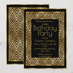 Invitation Fête d'anniversaire élégante Chevron Art Déco noir