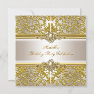 Invitation Fête d'anniversaire élégante Damassé or crème or