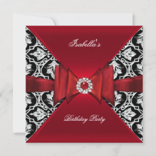 Invitation Fête d'anniversaire élégante damassé rouge diamant
