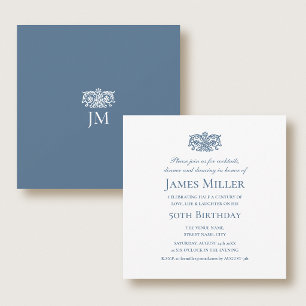 Invitation Fête d'anniversaire élégante de 50 ans Bleu orné d