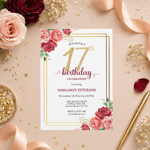 Invitation Fête d'anniversaire élégante Fleurs Rouge Doré 17 