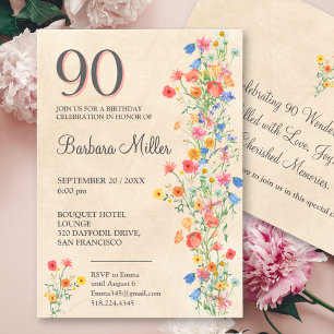 Invitation Fête d'anniversaire élégante florale 90 ans avec f