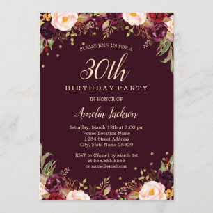 Invitation Fête d'anniversaire élégante florale Bourgogne dor