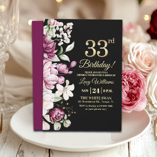 Invitation Fête d'anniversaire élégante florale or 33