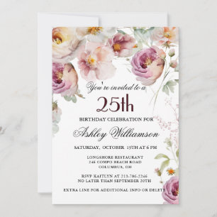 Invitation Fête d'anniversaire élégante florale rose sauvage