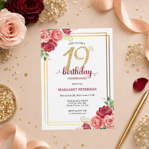 Invitation Fête d'anniversaire élégante Gold Blush Floral 19 