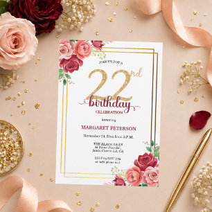 Invitation Fête d'anniversaire élégante Gold Blush Floral 22 
