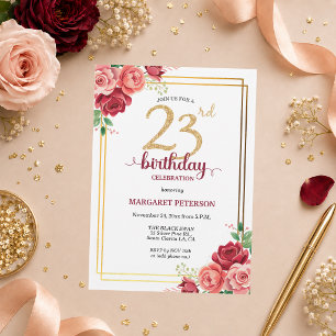 Invitation Fête d'anniversaire élégante Gold Blush Floral 23è