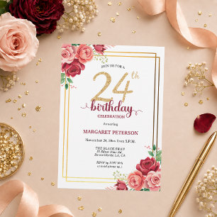 Invitation Fête d'anniversaire élégante Gold Blush Floral 24 