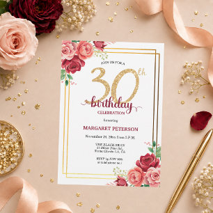 Invitation Fête d'anniversaire élégante Gold Blush Floral 30