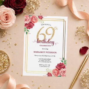 Invitation Fête d'anniversaire élégante Gold Blush Floral 69 