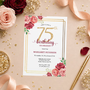 Invitation Fête d'anniversaire élégante Gold Blush Floral 75 