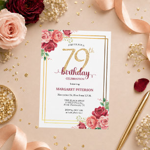 Invitation Fête d'anniversaire élégante Gold Blush Floral 79 