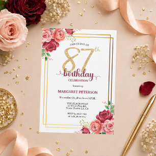 Invitation Fête d'anniversaire élégante Gold Blush Floral 87e