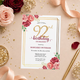 Invitation Fête d'anniversaire élégante Gold Blush Floral 92e