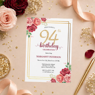 Invitation Fête d'anniversaire élégante Gold Blush Floral 94 