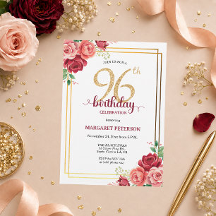 Invitation Fête d'anniversaire élégante Gold Blush Floral 96 
